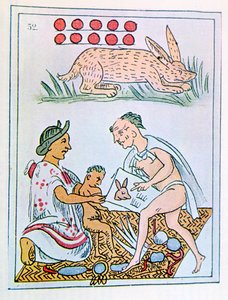 Facsimile di una pagina di un codice storico fiorentino che raffigura una madre che ascolta previsioni sul figlio, nato il 10 Coniglio da Spanish Colonial
